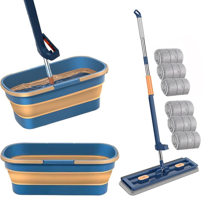 Grande scopa piatta, set con secchio, lavapavimenti con funzione di strizzatura, girevole a 360°, set con 6 cuscinetti in microfibra, mocio per piastrelle in legno duro