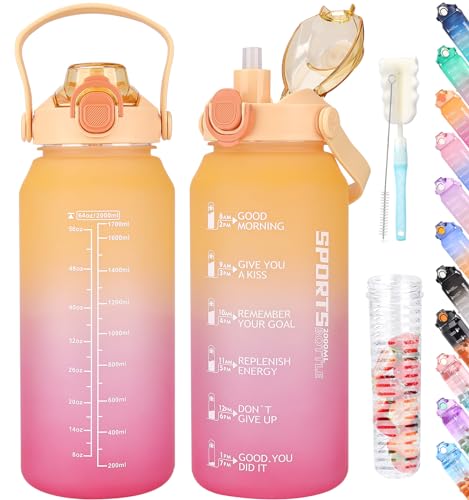 AOPREL Trinkflasche 2l, Wasserflasche mit Strohhalm & Früchtebehälter, Trinkflasche Sport Kohlensäure Geeignet, BPA Frei Auslaufsicher Sportflasche mit Zeitmarkierung für Fitness, Yoga und Outdoor