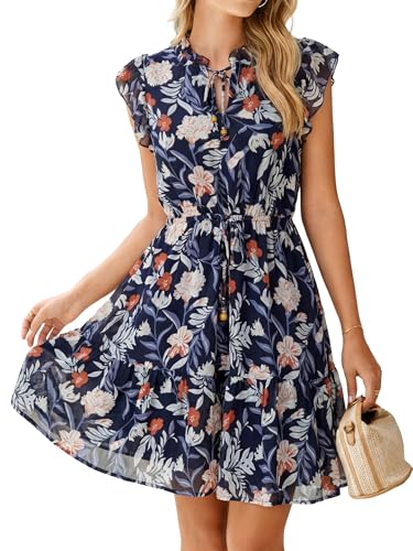 Simplee Womens Summer Dress 2026 Short Sleeve V Neck Ruffle Tiered Beach Dress Elegant Mini Short Skirt Dresses Cute Junior Dress(Navy Blue Floral L)