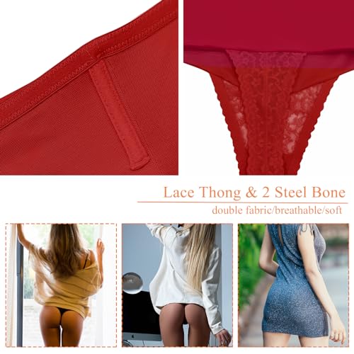 Image of Werena Tummy Control Thong Shapewear for Women Mid High Waisted Body Shaper Underwear Lace Shaping Thong Girdle Panties(#A1 Mid Rise Red,Small)