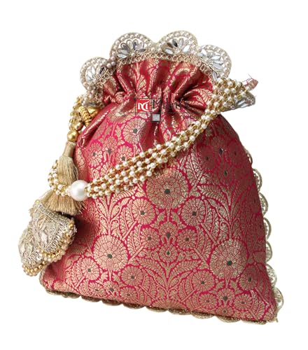 Image of MILAN'S CREATION Pure Banarasi Potli Silk Brocade Bag Purse Drawstring Women's handbag with Pearl Handle & Tassel Weddings