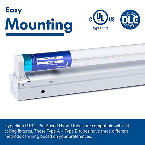 Hyperikon T8 T10 T12 LED Tube Light 4 Foot, 18W=40W, Dual & Single End Powered, Works with or Without Ballast, Clear Lens, UL, DLC, Crystal White, 6 Pack
