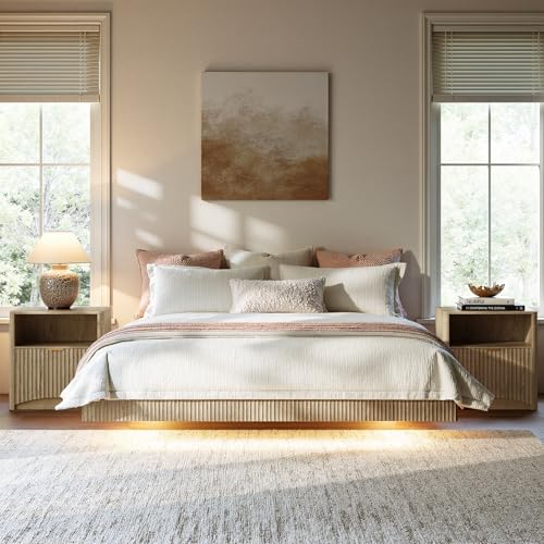 Image of Evermagin Oak King Floating Bed Frame with led Lights, Fluted 14In High Platform Bed No Headboard, Heavy Duty Mid Century Modern Float Metal Bedframe, No Box Spring Needed (Oak, King-14in high)