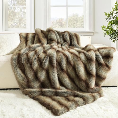 Luxury Plush Faux Fur Blanket - 60x80 inches, Brown Taupe Stripes