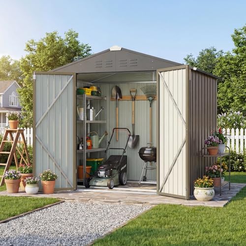 Image of Devoko 6 x 4 FT Metal Storage Sheds with Floor Frame, Waterproof Garden Tool Shed with Lockable Door, Outdoor Utility Shed for Backyard Patio Lawn, Brown