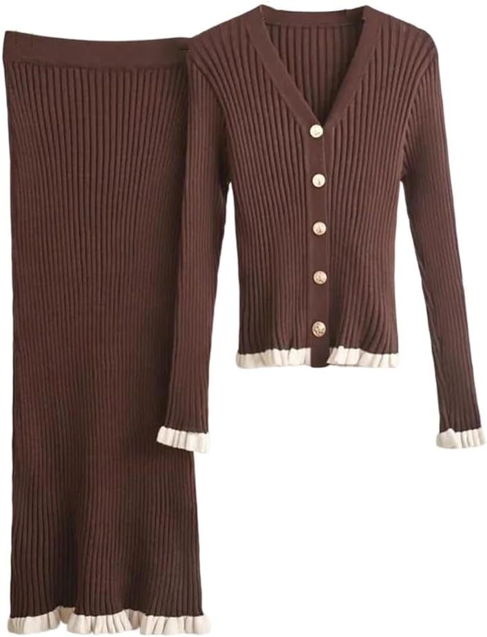 Women V-Neck Sweater Cardigan Tops Outfit Korean High Waist Skirts Elegant Slim Flounce Knitted 2 Piece Sets