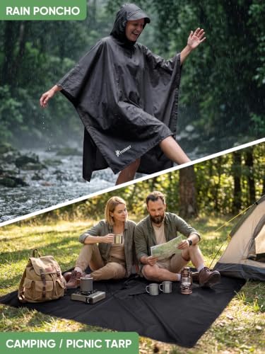 Image of PTEROMY Hooded Rain Poncho for Adult, Waterproof Lightweight Unisex Raincoat for Hiking Camping Emergency