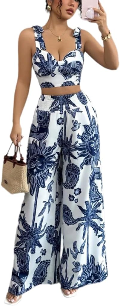 THLAI Summer Women 2 Piece Outfits Print V-Neck Cami Crop Top and Smocked Wide Leg Pants Set Vacation Outfits