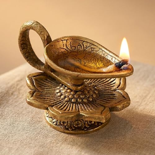 LoveNspire Brass Finish Lotus Diya - Lightweight Aluminum Oil Lamp for Home Pooja Room Indian Mandir Decor Diwali & Housewarming Return Gifts 1 Pc