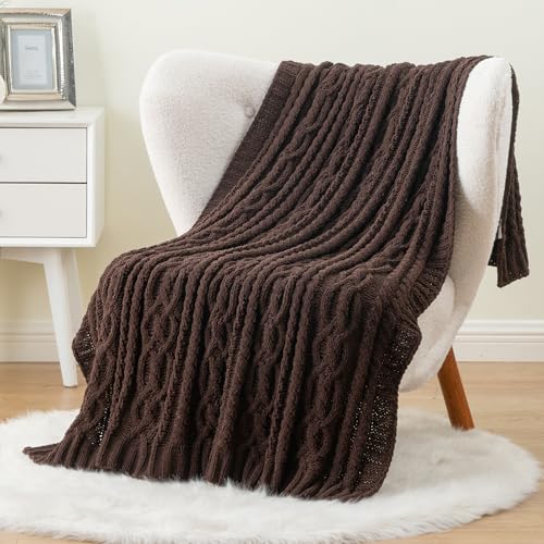 Battilo Dark Brown Throw Blanket for Couch, 51"x67" Soft Chenille Knit Throw Blanket for Home Decor, Soft Cozy Blanket, Decorative Chocolate Brown Blanket for Bed, Living Room