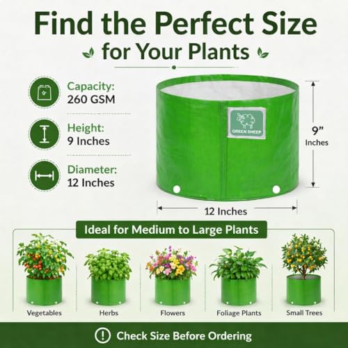 Image of GREENSHEEP HDPE Grow Bag Heavy Duty 260 GSM Round Plants Flower Growing Bags Floor Standing Mount Type for Home Garden Balcony Terrace Kitchen Nursery (Green, 9x12 inch, Pack of 4)