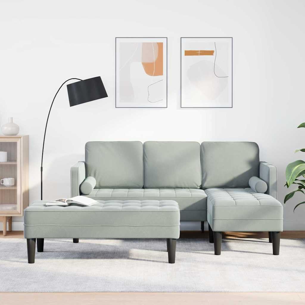 Sofa narożna z poduszką i taboretem, jasnoszara, poliester, drewniana rama, nowoczesny zestaw wypoczynkowy, sofa z miejscem do przechowywania, modułowa, 5 siedzeń, 173 x 131 x 67 cm