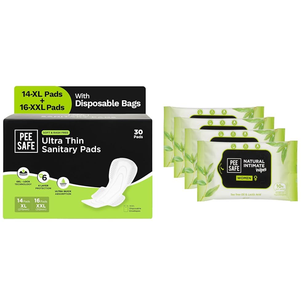 Pee Safe Comfort Ultra Thin Sanitary Pad For Women | 30 Pads- 14 XL Pads + 16 XXL Pad For Rash Fre | Pee Safe Natural Intimate Wipes - 40 Wipes | 100% Alcohol-Free | pH Balanced | Skin Friendly For D-image-14