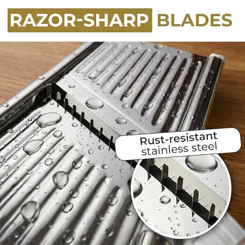 Image of Gramercy Mandoline Slicer for Kitchen with 12 Slice Settings, White Edition | Slice from Paper-Thin to Thick-Cut with Stainless Steel Frame and Rotating Blade, Non-Slip Base, Gloves and Guard Included