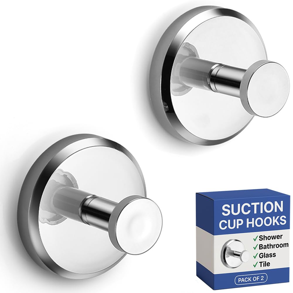 HOME SO Suction Cup Hooks for Shower, Bathroom, Kitchen, Glass Door, Mirror, Tile – Loofah, Towel, Coat, Bath Robe Hook Holder for Hanging up to 15 lbs – Waterproof & Rustproof, Chrome (2-Pack) …