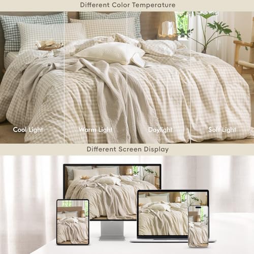 Image of MooMee Gingham Duvet Cover Set 100% Washed Cotton Linen Like Textured Breathable Durable Soft Comfy Modern Checkered Design (Almond Milk Grey Gingham, Twin 68 inchx90 inch)