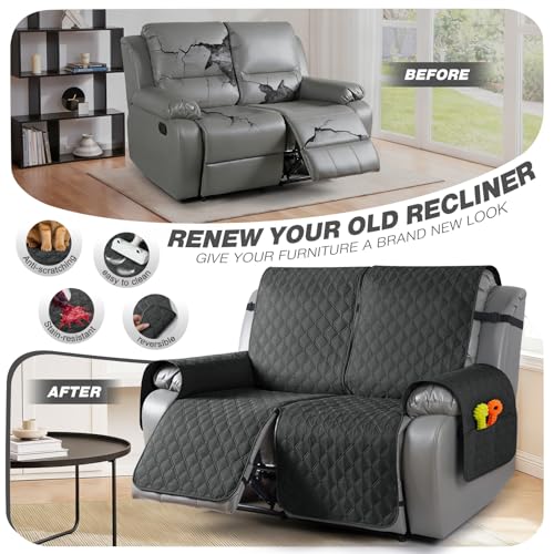 Image of TAOCOCO 100% Waterproof Recliner Covers, Recliner Sofa Covers with Leg Straps, Reversible Recliner Couch Cover for Reclining Chair, Washable Couch Protector for Pets Kids(2 Seater, Charcoal Gray)
