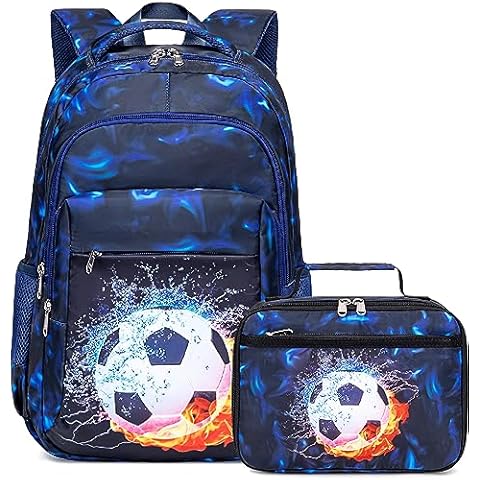 LEDAOU Kids School Backpack with Lunch Box for Boys Girls Bookbag School Bag Preschool Kindergarten Toddler Backpack (Soccer Black Blue) Cover