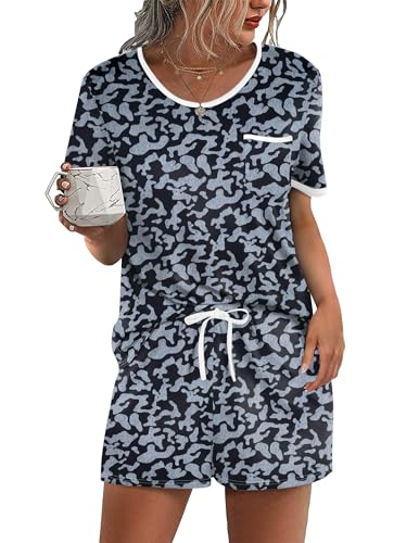 Image of Ekouaer Pajama Set for Women 2 Piece Lounge Set Short Sleeve Tops and Shorts Soft Sleepwear, Chest Pocket