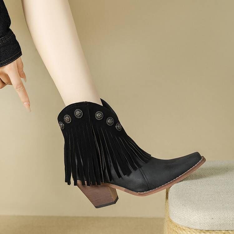 Fringe Cowboy Boots for Women Ankle Bootie Western Boots Embroidery Cowgirl Pull-On Pointy Toe & Wide - Comfortable Walking Lightweight Running Standing All Day Trending Fashion Streetwear Plus Size2