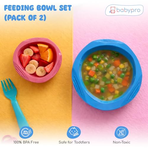 Image of BabyPro Baby Bowl Set for Cereal & Snack Bowl, Pack of 2, Pink & Blue | BPA-Free, Unbreakable, Microwave, Freezer & Dishwasher Safe, Stackable