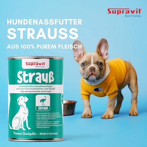 Supravit Nassfutter für Hunde I 12 x 410g Dosenfutter I Hundefutter mit schmackhaftem Strauß I getreidefreies Hundefutter für ernährungssensible Hunde