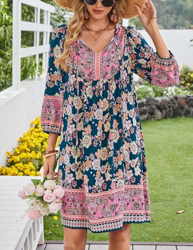 Image of Bluetime Women Casual Summer Dress Boho V Neck 3 /4 Sleeve Babydoll Floral Print Flowy Beach Dress