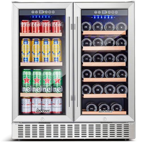 AAOBOSI 30 Inch Dual Zone Wine and Beverage Cooler,28 Bottles & 110 Cans Wine Fridge,Built-in and Freestanding,Removable Fashion Wooden Frame,Intelligent Digital Temperatrue Control,Low Noise