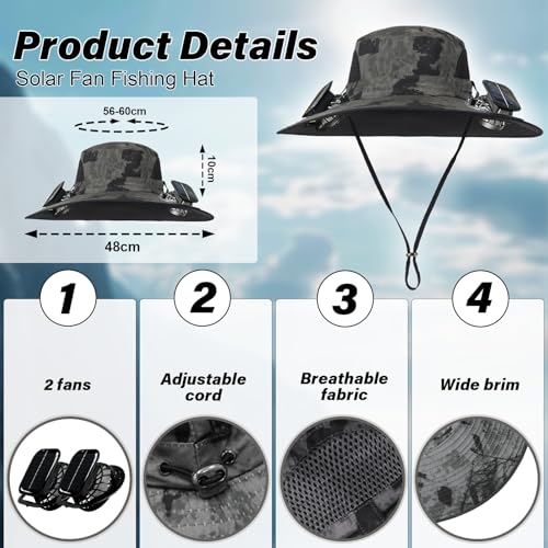 Image of Solar Fan Hat,Wide Brim Solar Powered Fan Hat,Sun Hat with 2 Built-in Fans for Men