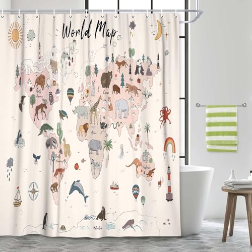 Image of World Map Shower Curtain for Kids, Cute Cartoon Animal Educational Learning Tool Restroom Curtains, Cute Cartoon Animal Educational Learning Tool Waterproof Fabric Bathroom Curtain Set with Hooks