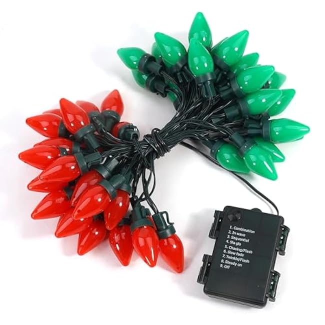 HAYATA C7 Bulbs Battery Classic Christmas String Lights with Timer - Red&White 50 LED 24ft String Lights - Fairy Lighting for Outdoor, Indoor, Garden, Yard, Party, Home, Wreath, Garlan SE (Red&Green)