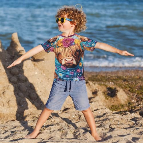 Boy Swimsuit Cartoon Cow Scarf Flower Sunscreen T-Shirts Swimwear Sets UPF 50+4