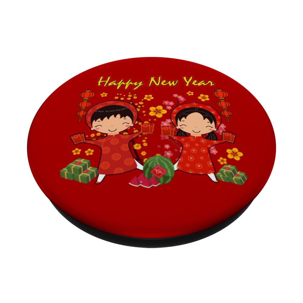 Kids Lunar New Year Cute Boy Girl Ao Dai Chuc Mung Nam Moi PopSockets Swappable PopGrip, Black - Image 2