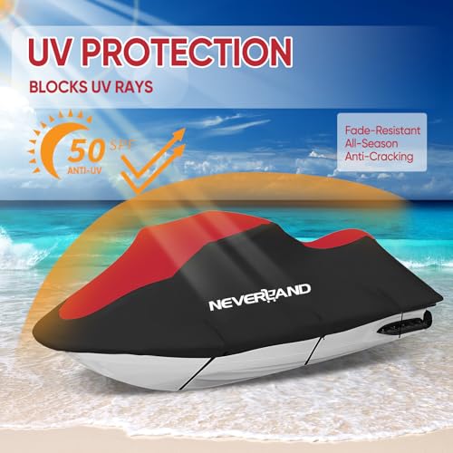 Image of NEVERLAND Waterproof Jet Ski Cover - Compatible with Yamaha Seadoo, Jet Ski Covers 2 3 Seater UV Resistant Heavy Duty Cover with 2 Air Vents Suitable for 2 3 Seater Lengths 115'' to 120 inch(Red)