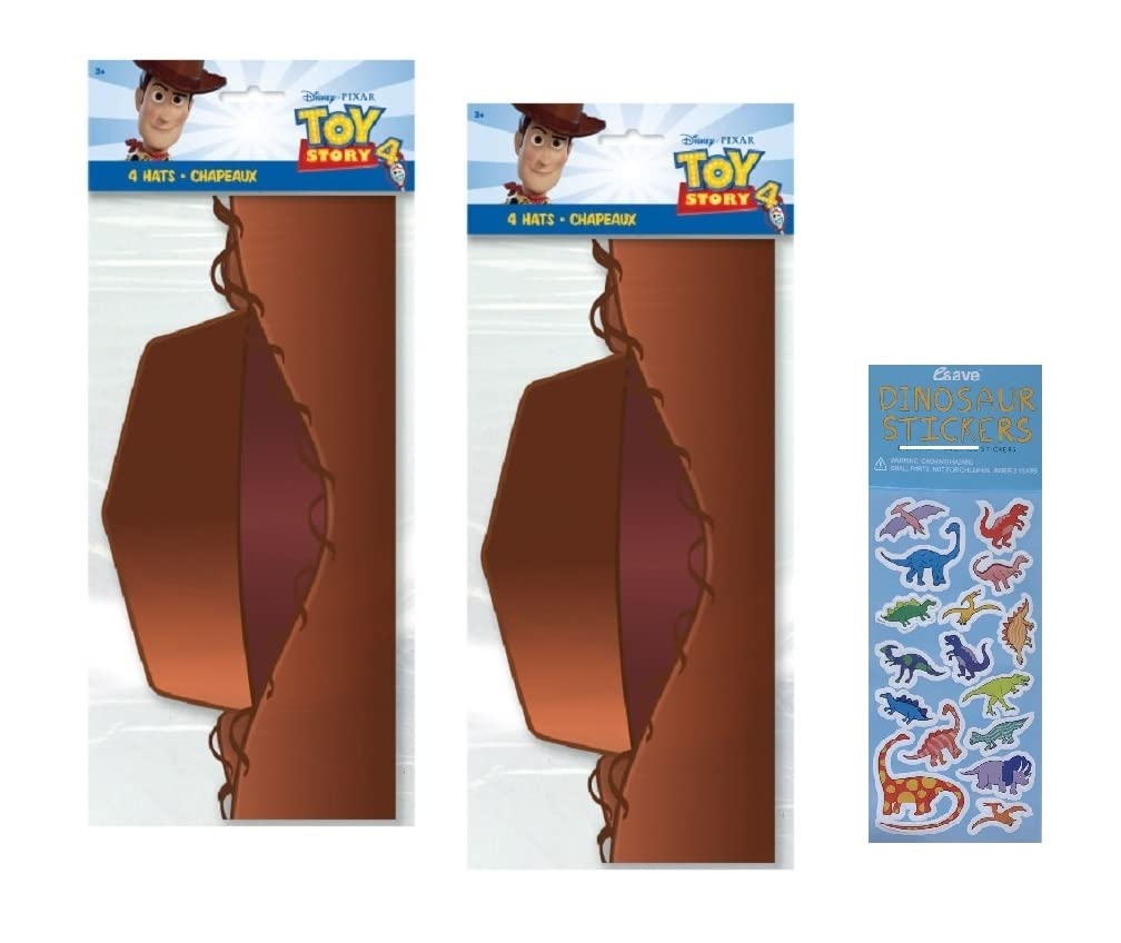 Unique Toy Story Party Supplies Decoration Bundle Pack Includes 8 Cowboy Paper Hats and 1 Dinosaur Sticker Sheet