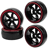 HIRCQOO 1/10 RC Drift Car Tires Hard Plastic Tyre & 12mm Hex Hub Wheel Rims 6 Spoke Compatible with Traxxas HSP Tamiya Kyosho HPI Redcat Racing MST 1/10 On-Road RC Drift Drifting Car (Red2)