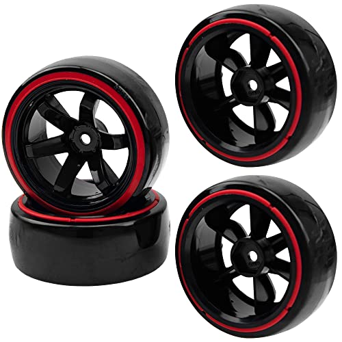 HIRCQOO 1/10 RC Drift Car Tires Hard Plastic Tyre & 12mm Hex Hub Wheel Rims 6 Spoke Compatible with Traxxas HSP Tamiya Kyosho HPI Redcat Racing MST 1/10 On-Road RC Drift Drifting Car (Red2)