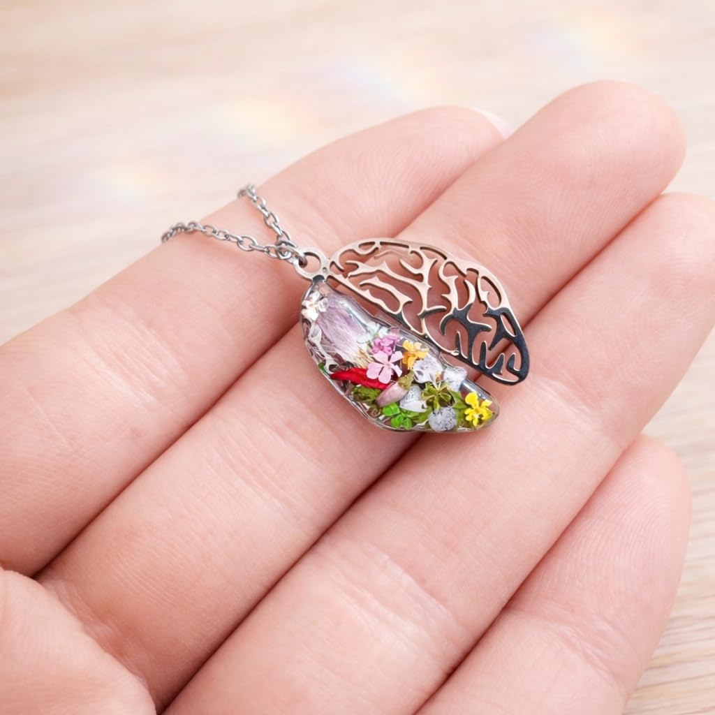 Generico BeFloral Collana Donna Acciaio Inossidabile Argento, Ciondolo Cervello con Fiori Veri in Resina (Botanico + Traforato), Idea Regalo Psicologa/Medico/Laurea
