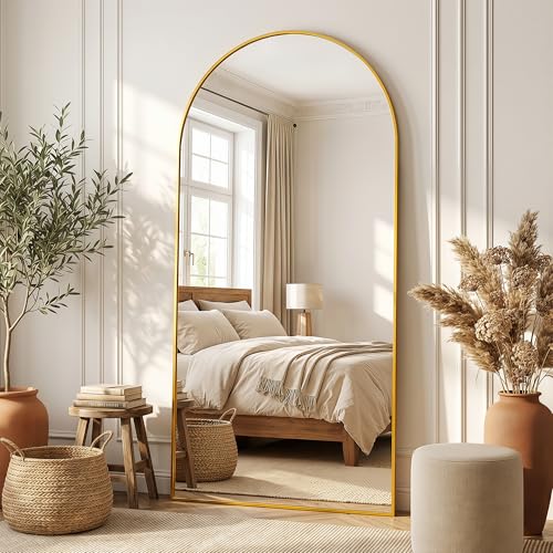Image of Full Length Mirror, 76 inchx34 inch Arched Floor Mirror Freestanding, Floor Standing Full Body Mirror with Stand for Bedroom, Hanging Mounted for Living Room Cloakroom, Gold