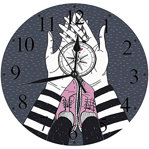 lautlosem Uhrwerk - 30 cm Rund Wanduhr,Kompass, auf der Suche nach Liebe Mädchen hält ein Navigationsgerät Hand gezeichnete Bild drucken, blau ,für