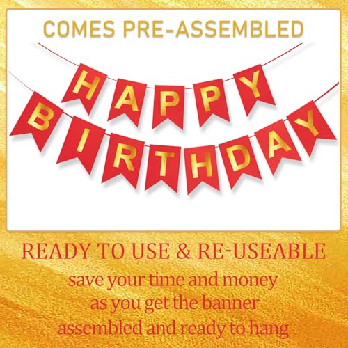 Image of Red Happy Birthday Banner - 16 ft Pre-Strung Gold & Red Birthday Party Decorations Sign for Girls, Boys, Kids, Women - No DIY Hanging Backdrop for Indoor & Outdoor Celebrations