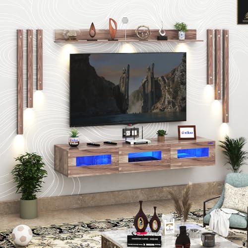 Image of Anikaa RayzaNote Engineered Wood Wall Mount TV Unit Acrylic Blue LED Storage Box, Side Wooden Accent Spot Light I Deal for Up to 50 Inch TV Coachwood - DIY Installation