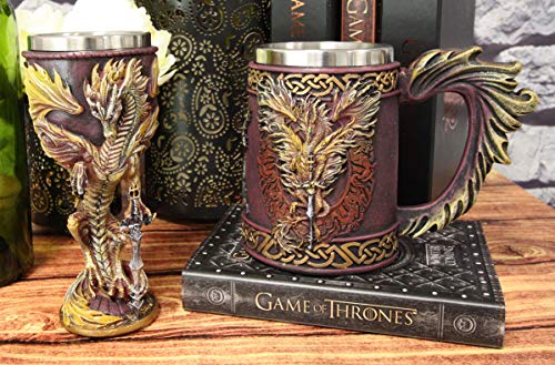 Ebros Gift Ruth Thompson Dragon's Lair Winged Dragon With Divine Sword Drinking Mug Tankard And Wine Goblet Chalice Set With Stainless Steel Liner Medieval Dungeons Dragons Alchemy (Flame Blade Drake) #TOP5