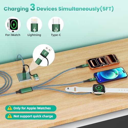 Image of Travel Essentials for iPhone iWatch Charger 3 in 2 USB Cable, 2Pack 5FT