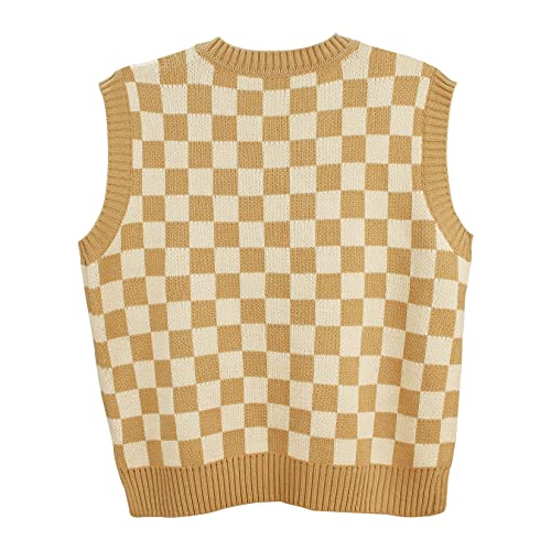 Gulajia Women's V-Neck Knit Sweater Vest Oversized Sleeveless Loose 90S Waistcoat Pullover Checkerboard Plaid Sweater Vest Khaki L #TOP1