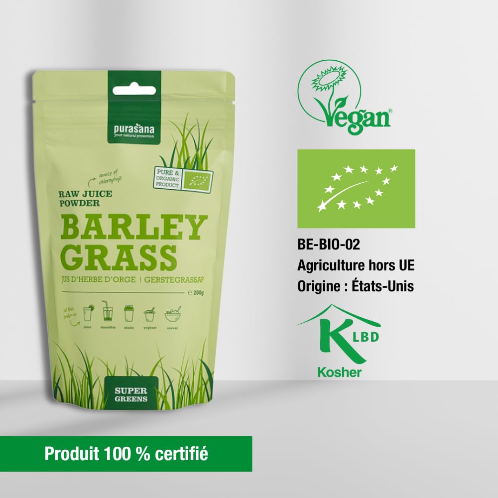 Purasana® Poudre de Jus d'Herbe d'Orge Bio - 200g, Superaliment Végétal pour Boissons et Smoothies, Source de Nutriments Essentiels, Vegan & Certifié Bio