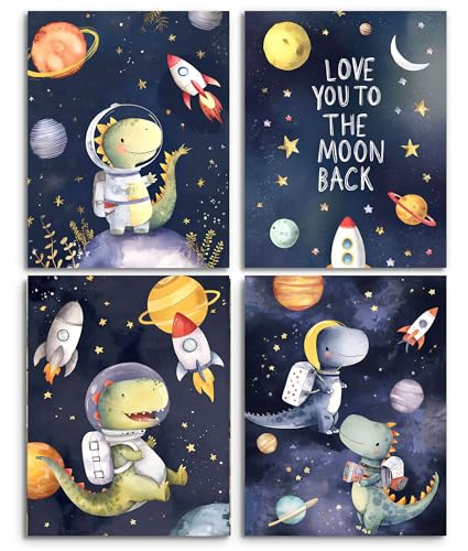 Image of Frimeeme Space Dinosaur Astronaut Wall Art Prints, Set of 4, 8x10 in | Watercolor Planets and Rockets Poster, Kids Nursery Decor, Unframed