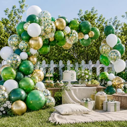 Image of Green and Gold Balloons, 60 Pcs 12 Inch Dark Green White Metallic Gold Latex Balloons with Green Gold Confetti for Birthday Graduation Party Decorations
