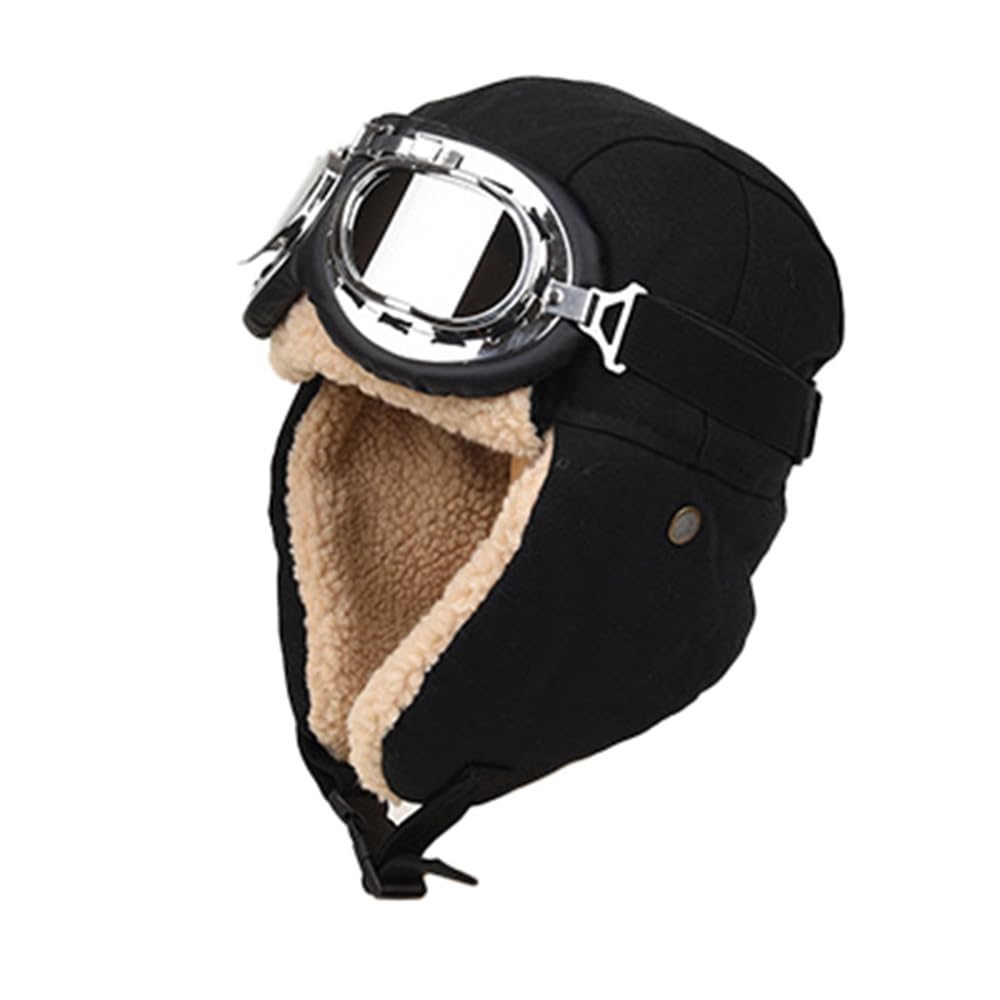 DoHTeck Winter Warm Aviator Hat, Unisex 3-in-1 Trapper Cap Bomber Hat with Goggles and Earmuffs for Cold Weather Outdoor Black