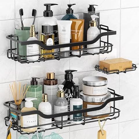OMAIRA Shower Caddy 3-Pack, Adhesive Shower Organizer with Soap Holder, Rustproof No Drilling Shower Shelves for Inside Shower Bathroom Organizer and Storage, Black(Large) Cover